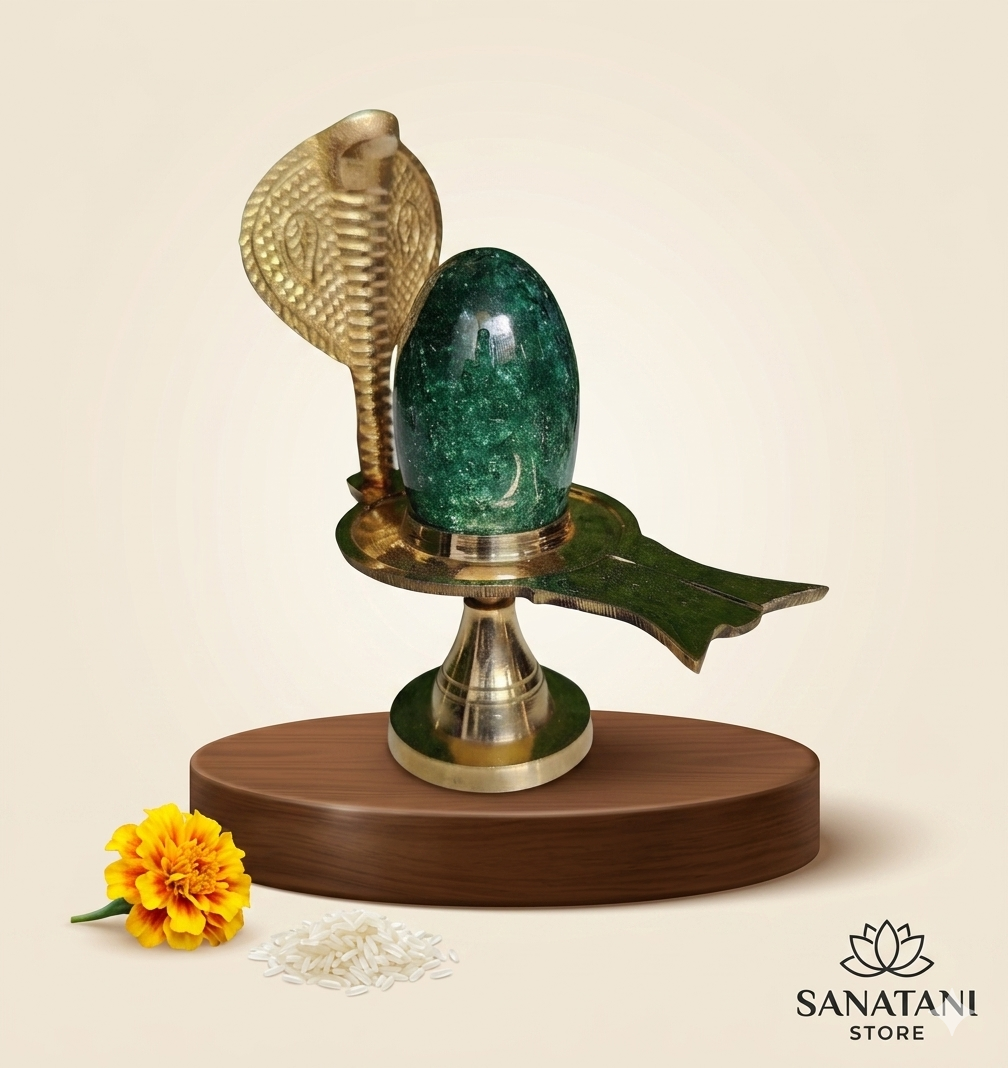 Natural Maragatha Crystal Stone Shiva Lingam with Brass Jaleri