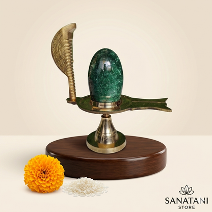 Natural Maragatha Crystal Stone Shiva Lingam with Brass Jaleri