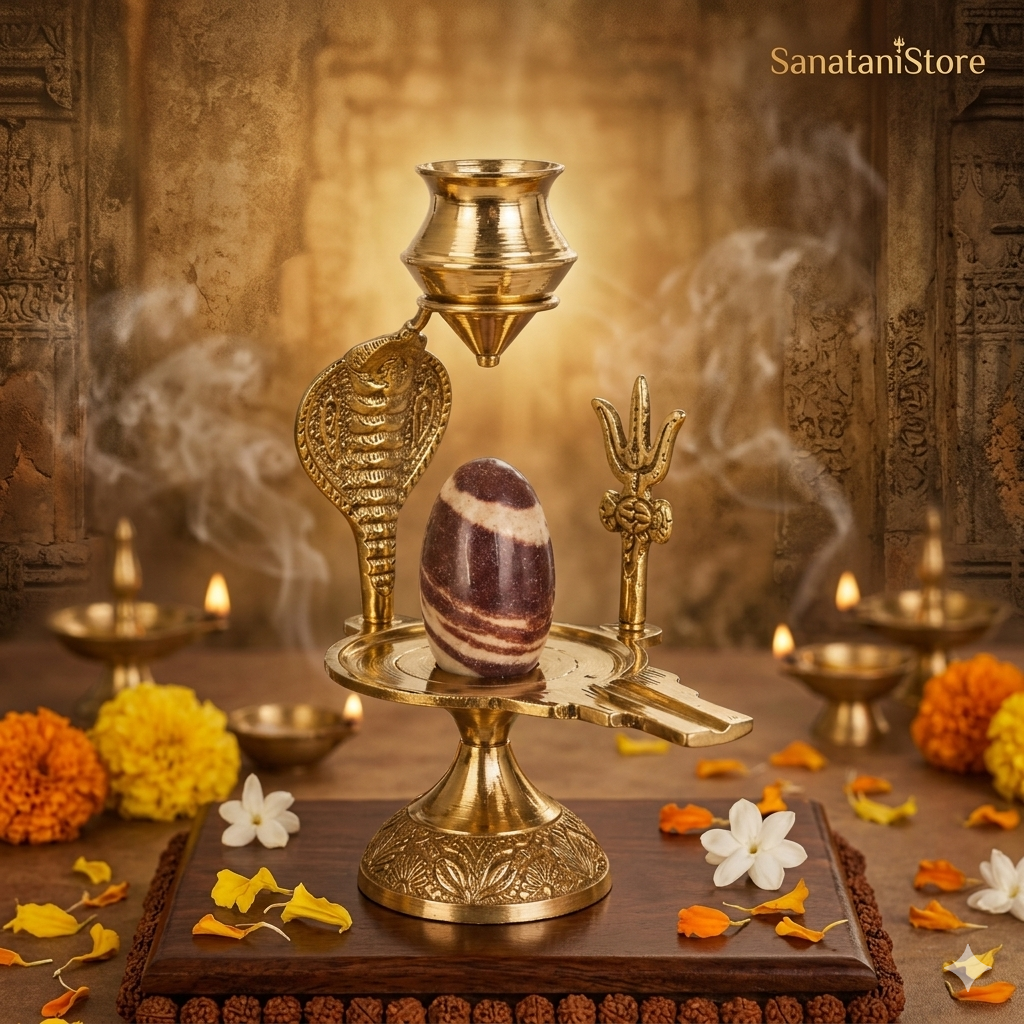 Narmadeshwar Shivling with Brass Jalhari Base, Trishul & Jal Abhishek Kalas