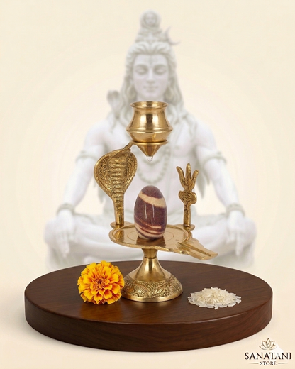 Narmadeshwar Shivling with Brass Jalhari Base, Trishul & Jal Abhishek Kalas