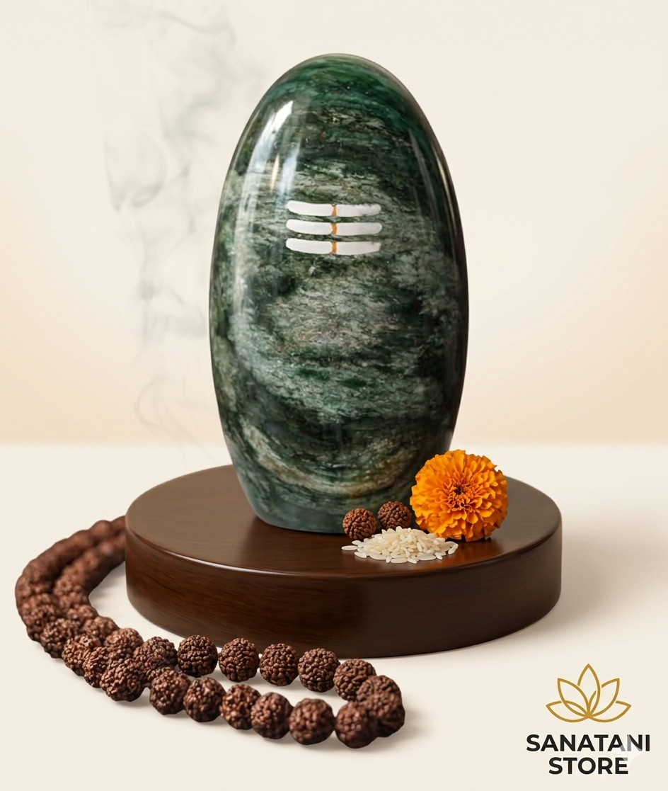 Natural Maragatha Crystal Stone Shiva Lingam with Brass Jaleri