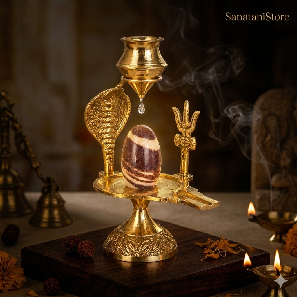 Narmadeshwar Shivling with Brass Jalhari Base, Trishul & Jal Abhishek Kalas
