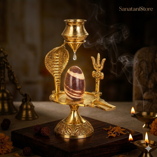 Narmadeshwar Shivling with Brass Jalhari Base, Trishul & Jal Abhishek Kalas